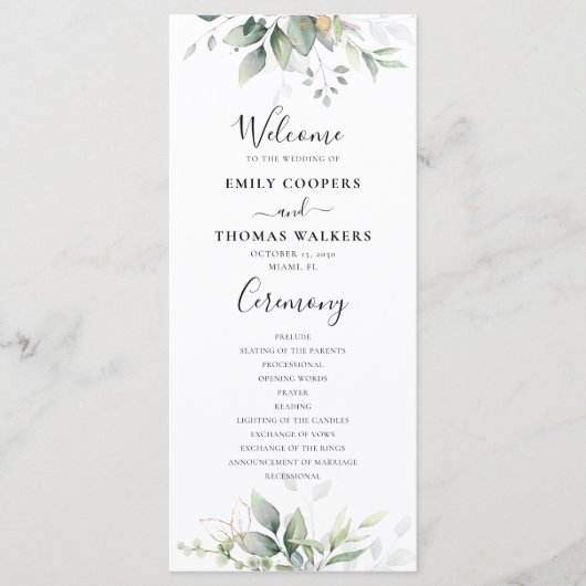 Eukalyptus Gold Floral Greenerity Wedding Program Programm (Vorderseite)