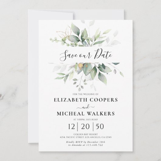 Eukalyptus Gold Floral Greenery Rette unsere Datum Save The Date (Vorderseite)