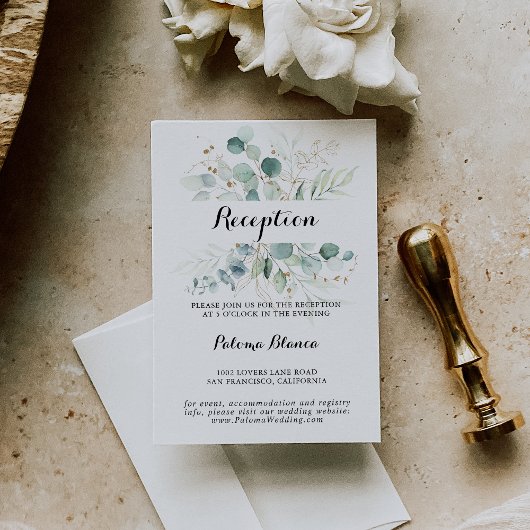 Eukalyptus Gold Floral Hochzeitsempfang Begleitkarte