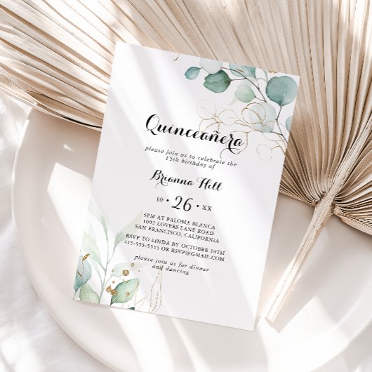 Eukalyptus Gold Floral Quinceñera Einladung