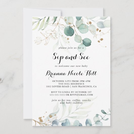 Eukalyptus Gold Floral Sip und Siehe Einladung (Vorderseite)