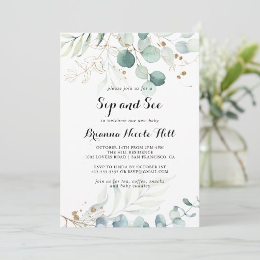 Eukalyptus Gold Floral Sip und Siehe Einladung (Stehend Vorderseite)