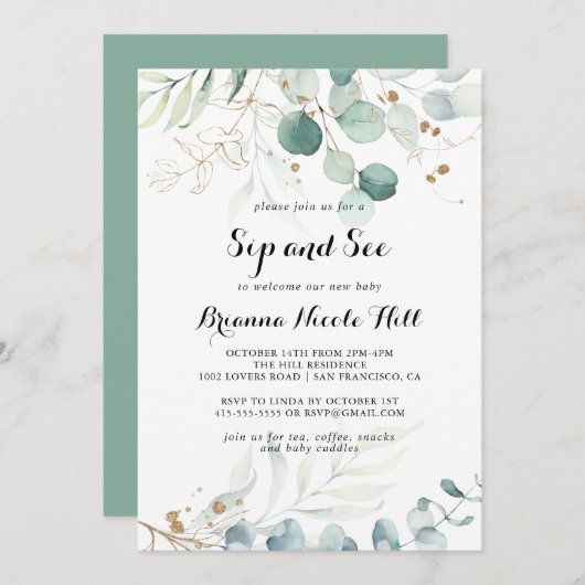 Eukalyptus Gold Floral Sip und Siehe Einladung (Vorne/Hinten)