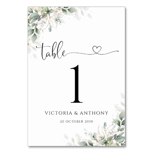 Eukalyptus Gold Floral Wedding Tischnummern (Rückseite)