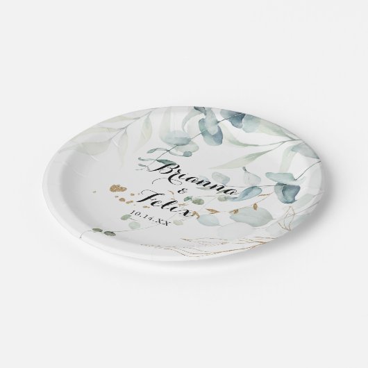 Eukalyptus Gold Floral Wedgecake Pappteller (Schrägansicht)