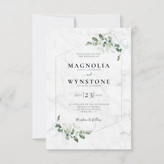 Eukalyptus Gold Foil Rahmen Marmorhochzeit Einladung (Vorderseite)