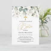 Eukalyptus Gold Foliage Cross Baptisse Einladung (Stehend Vorderseite)