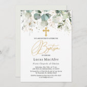 Eukalyptus Gold Foliage Cross Baptisse Einladung (Vorne/Hinten)