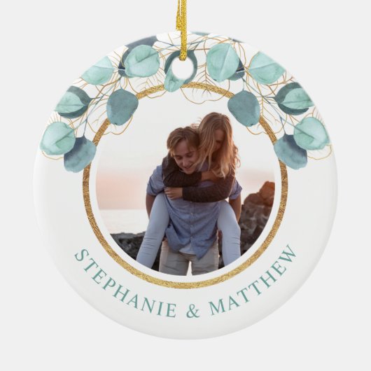 Eukalyptus Gold Foto Cera - Verlobtes Weihnachtsfe Keramik Ornament (Hinten)
