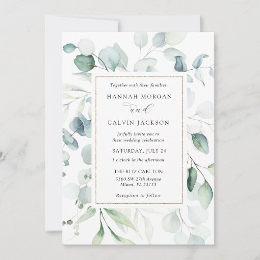 Eukalyptus Gold Frame Wedding Einladung (Vorderseite)