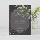 Eukalyptus Gold Geometric Black Charcoal Wedding Einladung (Stehend Vorderseite)