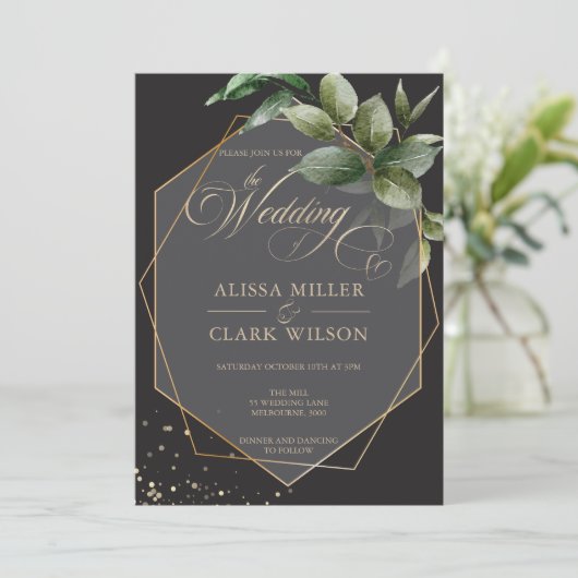 Eukalyptus Gold Geometric Black Charcoal Wedding Einladung (Stehend Vorderseite)
