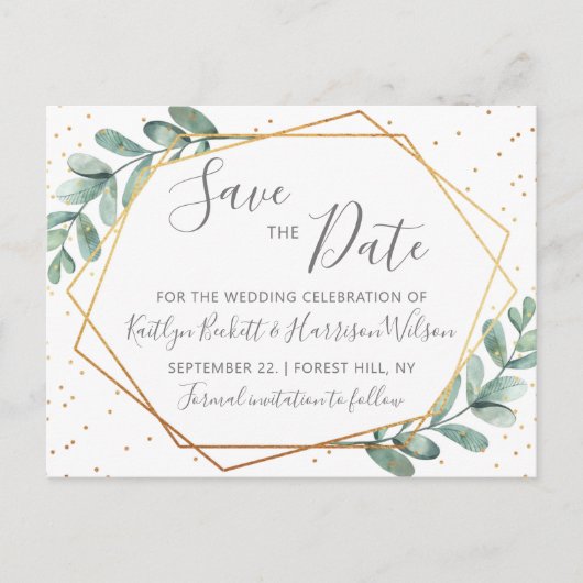 Eukalyptus Gold Geometric Save the Date Ankündigungspostkarte (Vorderseite)