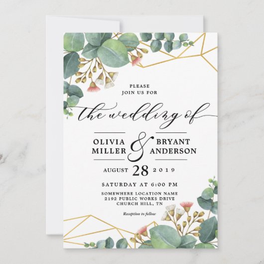 Eukalyptus Gold Geometric Shape Wedding Einladung (Vorderseite)