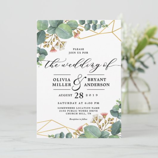 Eukalyptus Gold Geometric Shape Wedding Einladung (Stehend Vorderseite)