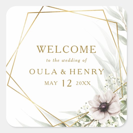 Eukalyptus Gold Geometric Wedding Welcome Quadratischer Aufkleber (Vorderseite)