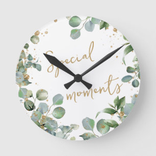 Eukalyptus-Gold-Glitter-Uhr 2 Runde Wanduhr