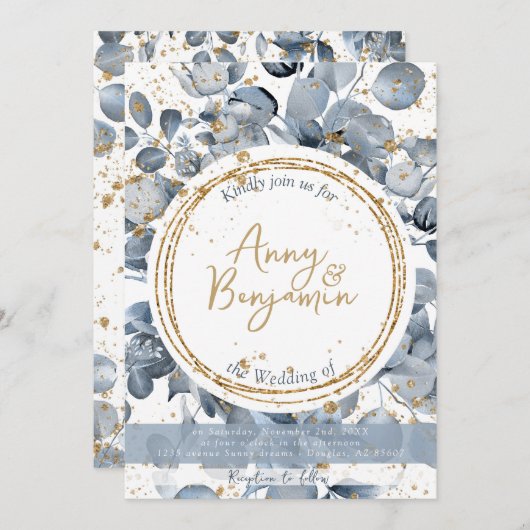 Eukalyptus Gold Glitzer - Dusty Blue Einladung 1 (Vorne/Hinten)