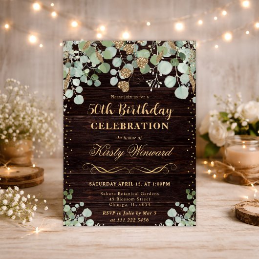 Eukalyptus Gold Glitzer Geburtstag Einladung