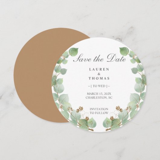 Eukalyptus-Gold-Glitzer Save The Date (Vorne/Hinten)