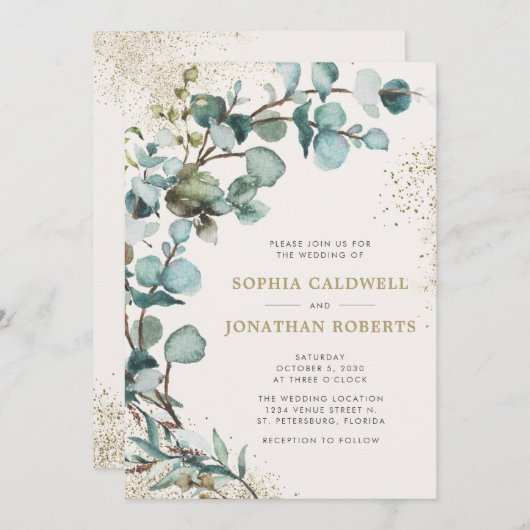 Eukalyptus Gold Glitzer Wedding in einem QR-Code Einladung (Vorne/Hinten)