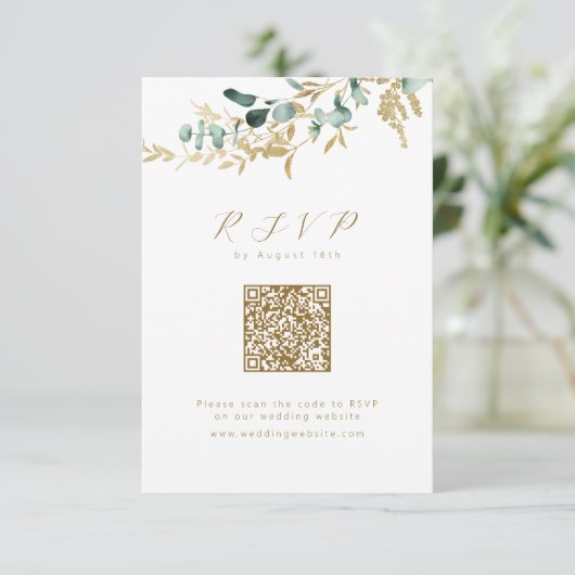 Eukalyptus gold greenery boho QR Code Hochzeit RSVP Karte (Stehend Vorderseite)