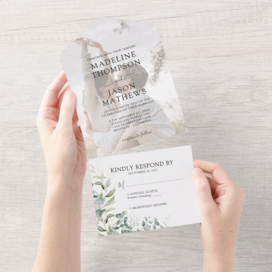 Eukalyptus Gold Greenery Foto Wedding All In One Einladung (Abreißen)