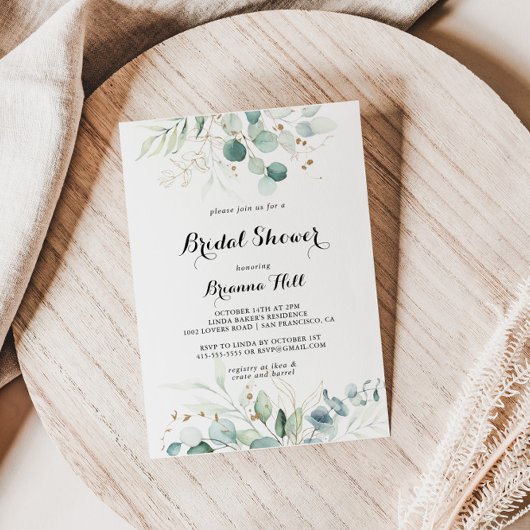 Eukalyptus-Gold-Kalligrafie-Brautparty Einladung