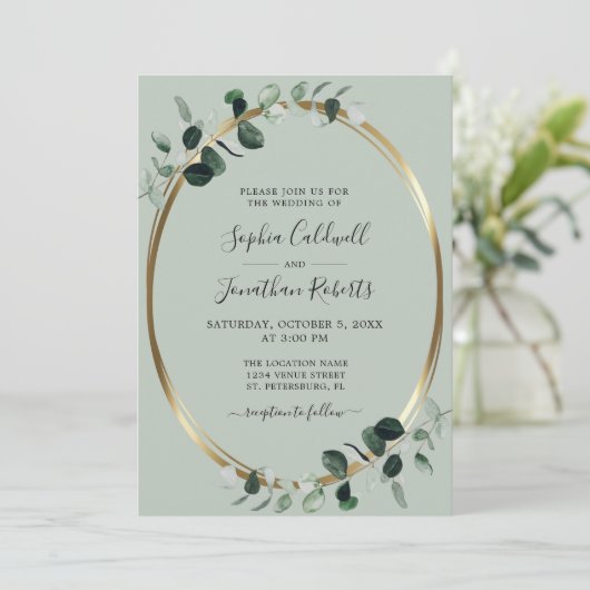 Eukalyptus Gold Metallic Sage All in one Wedding Einladung (Stehend Vorderseite)