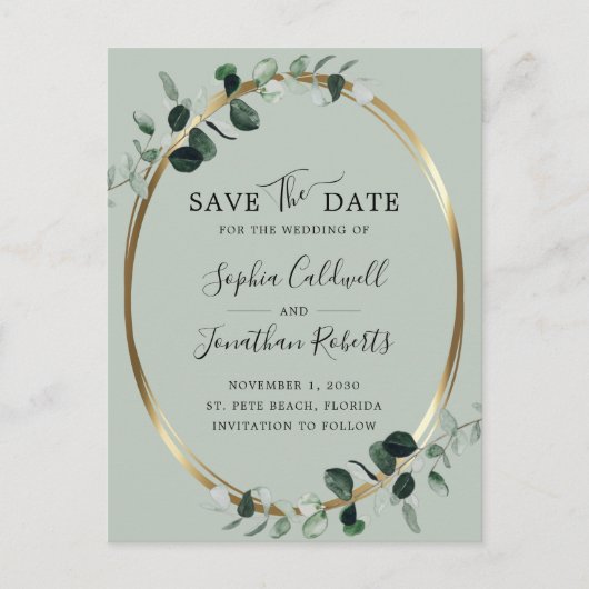 Eukalyptus Gold Metallic Sage Save the Date Ankündigungspostkarte (Vorderseite)