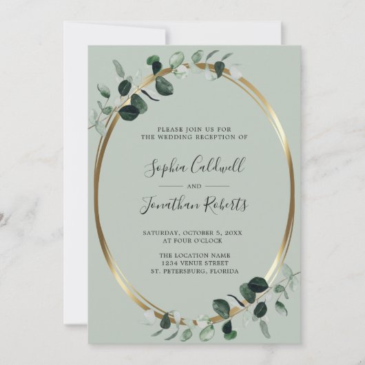 Eukalyptus Gold Metallic Sage Wedding Empfang Einladung (Vorderseite)