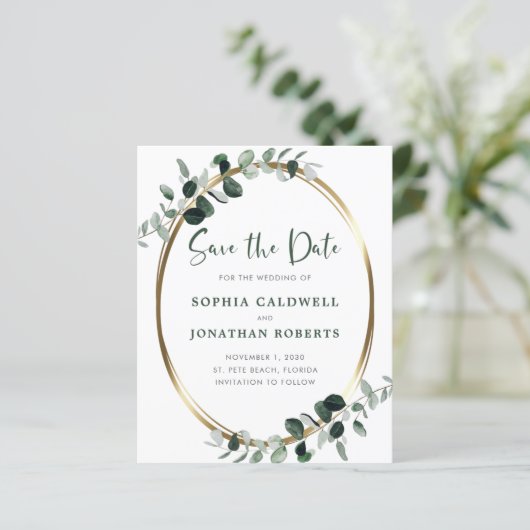 Eukalyptus Gold Metallic Save the Date (Stehend Vorderseite)