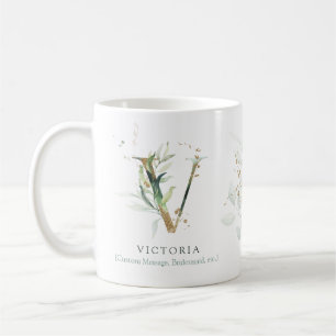 Eukalyptus Gold Monogram Initial V Greenery Chic Kaffeetasse