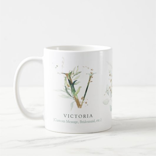Eukalyptus Gold Monogram Initial V Greenery Chic Kaffeetasse (Links)