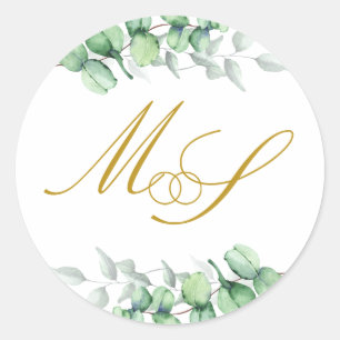 Eukalyptus Gold Monogram Wedding Runder Aufkleber