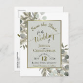 Eukalyptus & Gold Pine Gray Wedding speichern Ankündigungspostkarte (Vorne/Hinten)
