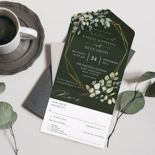Eukalyptus & Gold-Rahmen-Hochzeit - Grün All In One Einladung