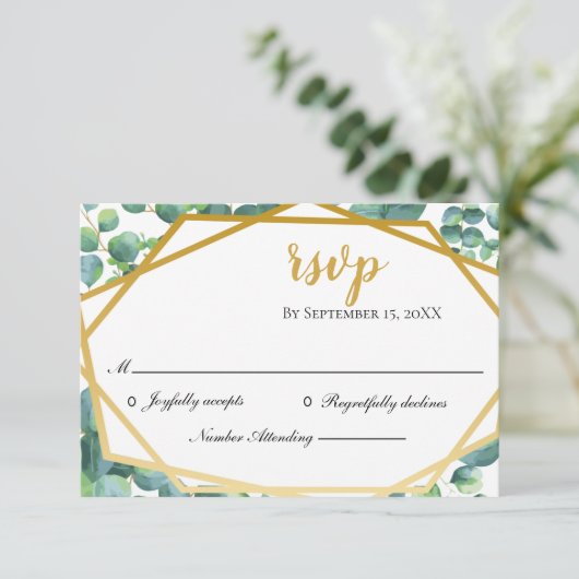 Eukalyptus Gold Rustic Wedding RSVP Card Karte (Stehend Vorderseite)