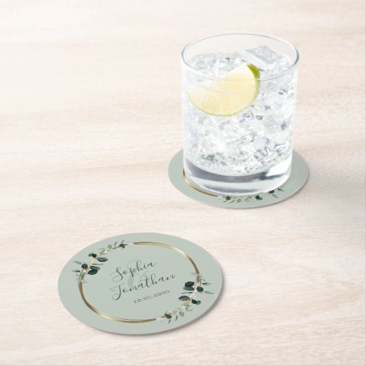 Eukalyptus Gold Sage Personalisierte Hochzeit Runder Pappuntersetzer (Vor Ort)