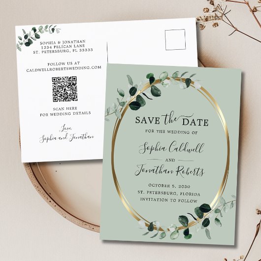 Eukalyptus Gold Sage QR Save the Date Ankündigungspostkarte