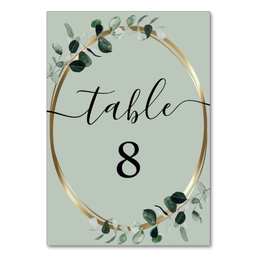 Eukalyptus Gold Sage Romantische Kalligrafie Hochz Tischnummer (Rückseite)
