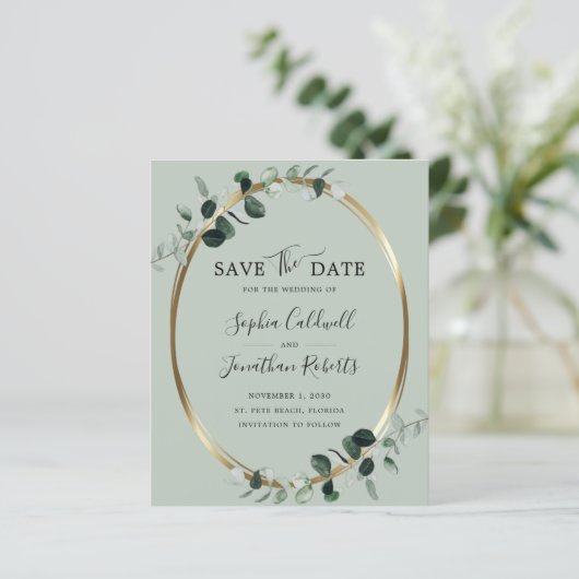 Eukalyptus Gold Sage Wedding speichern Sie das Dat (Stehend Vorderseite)