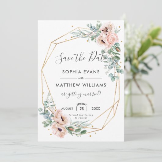 Eukalyptus-Gold Save the Date Einladung (Stehend Vorderseite)