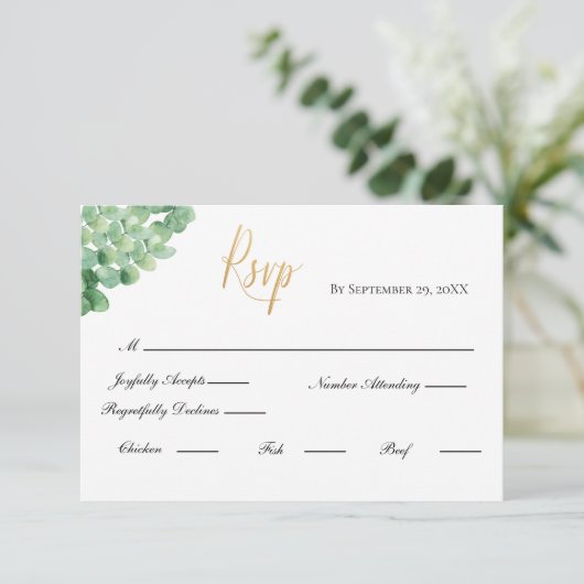Eukalyptus Gold Script Formal Elegante Hochzeit RSVP Karte (Stehend Vorderseite)