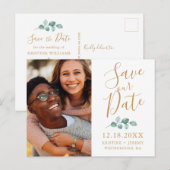 Eukalyptus Gold Script Foto Rette unser Datum Ankündigungspostkarte (Vorne/Hinten)