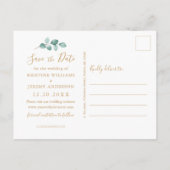 Eukalyptus Gold Script Foto Rette unser Datum Ankündigungspostkarte (Rückseite)