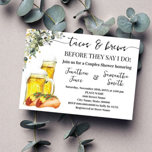 Eukalyptus Gold Tacos & Brews Paare Dusche Einladung