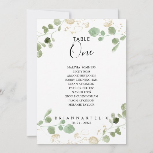 Eukalyptus-Gold-Tischnummer 1 Sitzkarte Einladung (Rückseite)