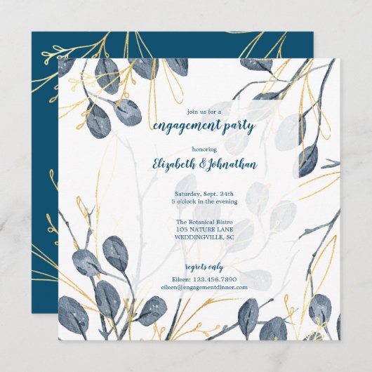 Eukalyptus Gold Watercolor Garden Engagement Party Einladung (Vorne/Hinten)