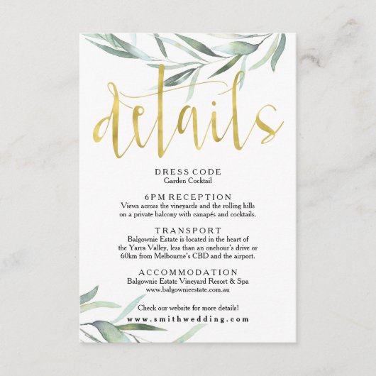 Eukalyptus Gold Wedding Details Card Begleitkarte (Vorderseite)